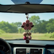 Crochet Flower Car Charm, Handmade Rearview Mirror Accessory, Pink Blossom