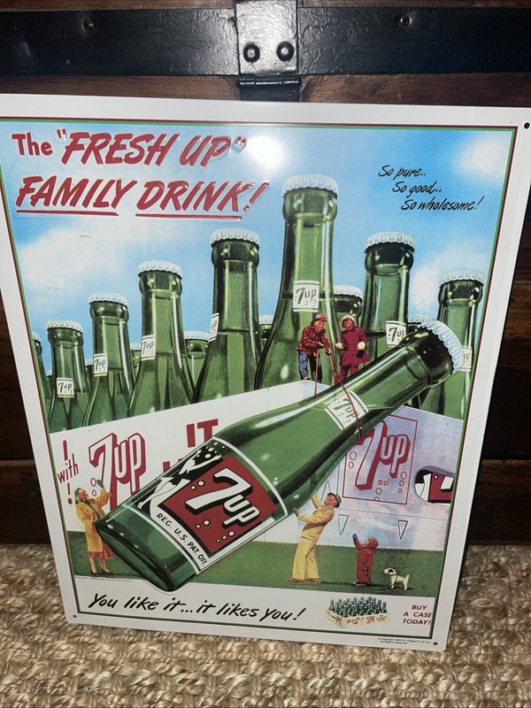 VINTAGE  7UP REPRO TIN ADVERTISING EMBOSSED SIGN 17" X 13.25"