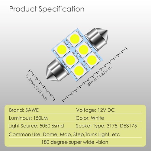 20 x SAWE White 31MM Festoon 5050 6SMD Dome Map LED Light Bulbs DE3175 DE3022 - Picture 2 of 6