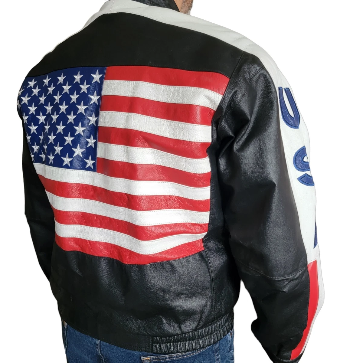 Leather jacket with american flag clearance