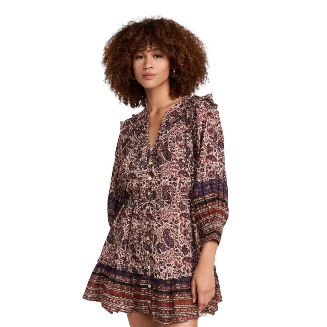 Cleobella Reign Mini Dress V Neck Button Front Paisley Floral Women's Small  | eBay