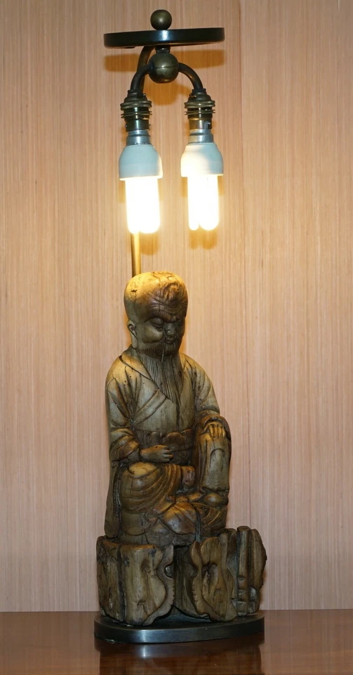 VERY RARE CIRCA 1780-1800 CHINESE ROOTWOOD CARVED STATUE OF BUDDHA TABLE LAMP - Image 2 of 4