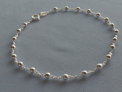 10'' ANKLE BRACELET ITALIAN STERLING SILVER OPEN LINK w/3mm BEADS  ITALY 925