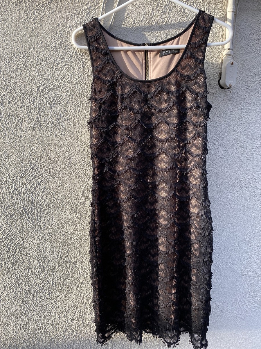 Guess Black Scallop Lace Fringe Sheath Cocktail Dress Exposed Zipper 8 |  eBay