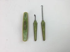 Antique Manicure Set Bakelite Green 3pcs Buffer, Nail Tool & Boot Hook