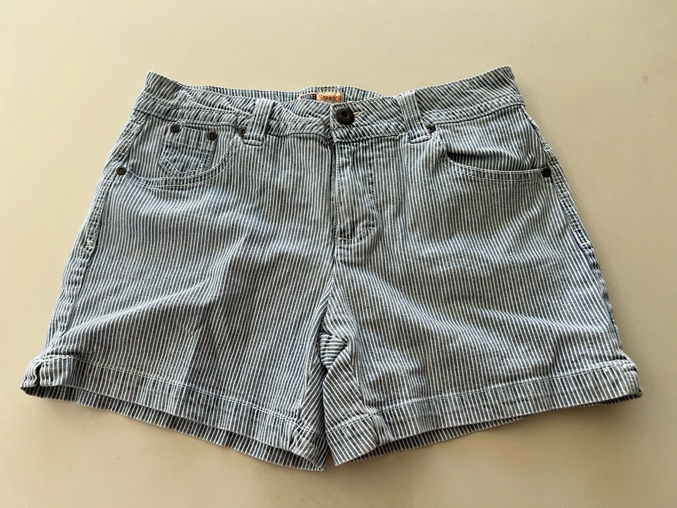 Pantalones Cortos Para Mujer Y2K Glory Desteñidos Rayas Azules y Blancas 29” Cintura Mamá Pantalones Cortos De Colección  Foto 2 de 4