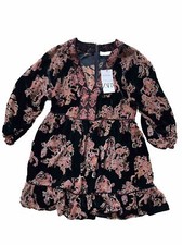 Zara Eileen Dress Womens Medium Black Floral Velvet Ruffle Trim 3/4 Puff NWT