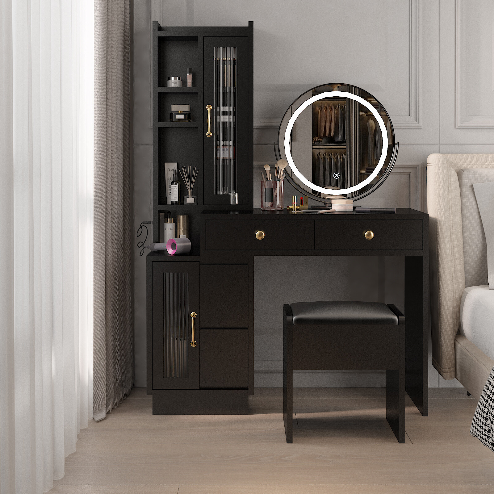 LED Makeup Vanity Set with Charging Station Vanity Table w/ Tall Storage Cabinet
