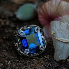 Radiant Cut 28.30 CT Blue Sapphire Round CZ 935 Silver Women's Engagement Ring