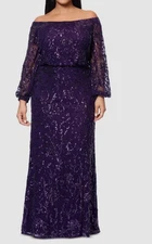 Xscape Women Purple Sequin Off-the-Shoulder Side-Slit Gown Plus Size 14W