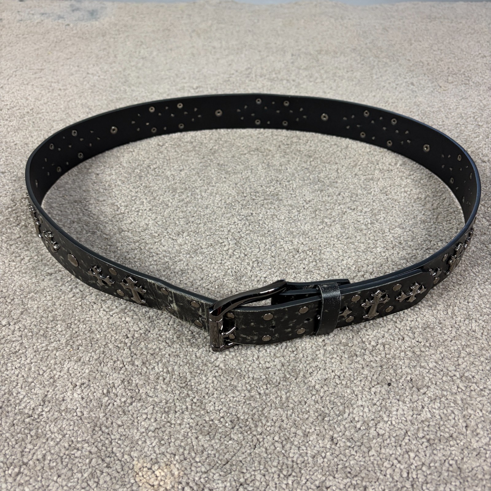 Chrome Hearts Style Leather Belt Crosses Black Silver Buckle Gothic Size 42 thumbnail 3