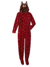 Womens Red Fleece Hooded Reindeer Blanket Sleeper Holiday Pajama Union Suit L