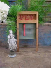 Early Antique Wood Tin Toy Washboard Original PET Stencil Green Paint