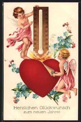 Embossed Postcard Two New Year Angels on Heart with Thermometer, New Year Greeting, Meteorology 