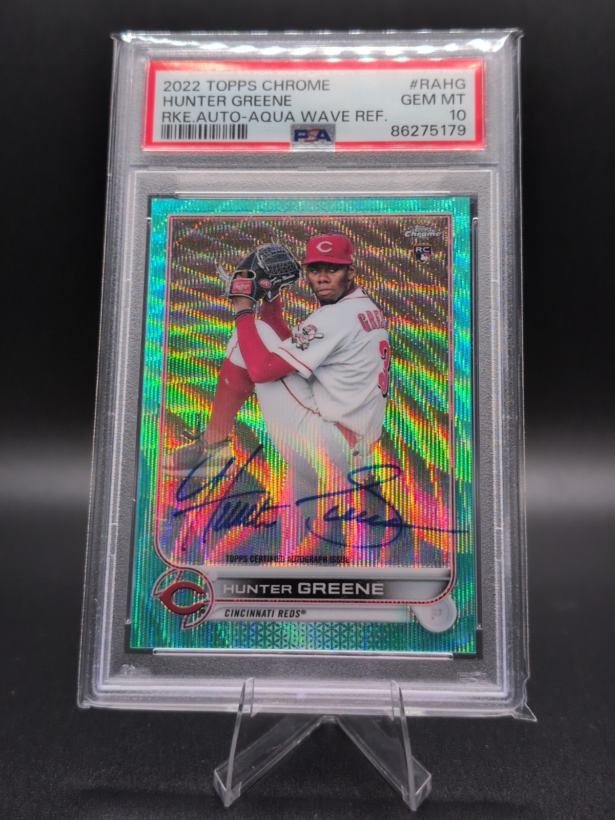 2022 Topps Chrome #RA-HG HUNTER GREENE RC Auto Aqua Wave Refractor /199 PSA 10