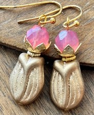 Romantic Matte Gold Flower with Pink Crystal Earrings. Rose Bud. Bloom. Tulip.