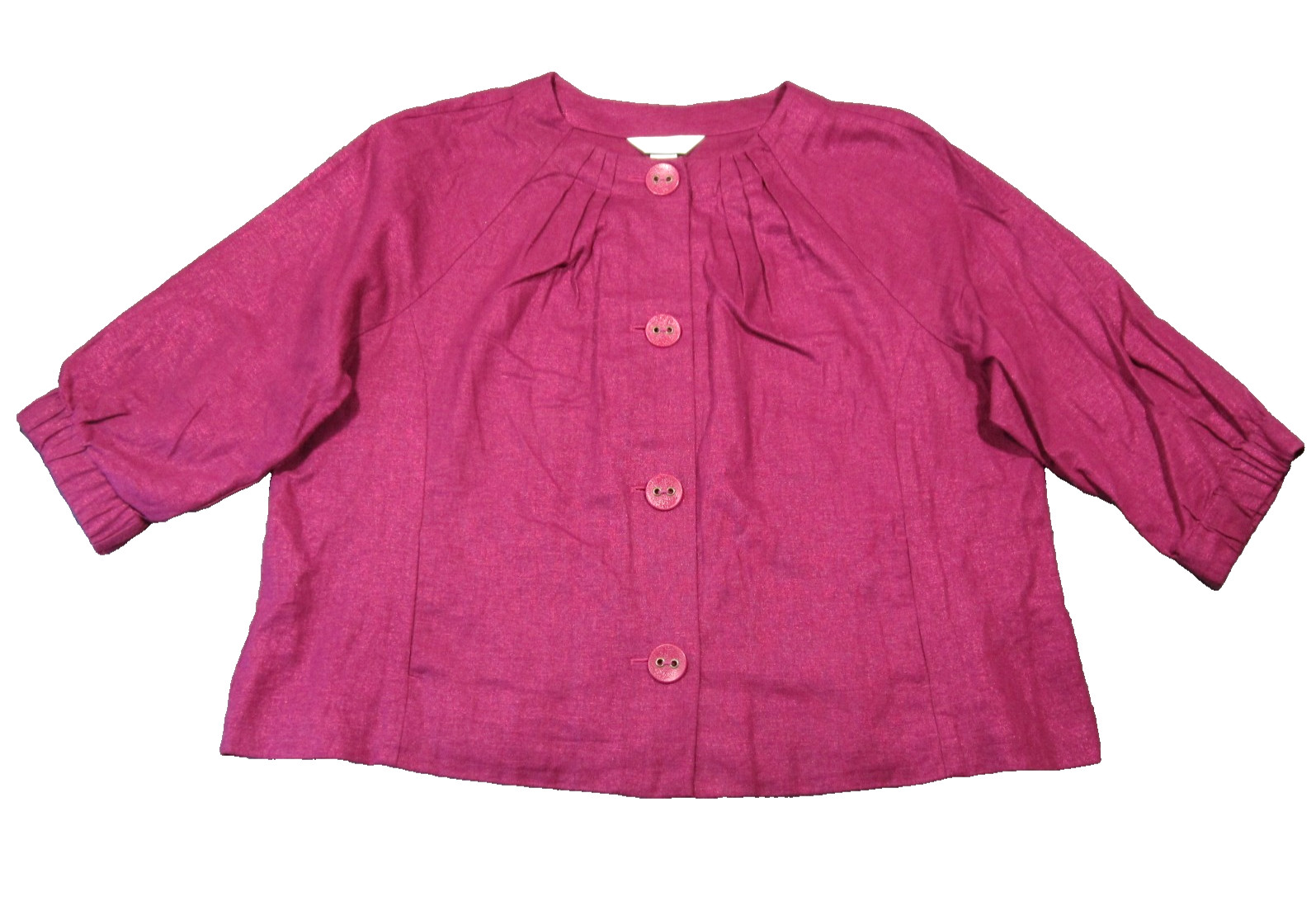 CJ Banks Linen Shirt 1X Fuchsia Button Up 3/4 Sleeve Pintuck Preppy Luxury Beach