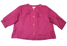 CJ Banks Linen Shirt 1X Fuchsia Button Up 3/4 Sleeve Pintuck Preppy Luxury Beach