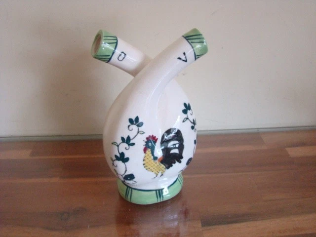 Oil and Vinegar Cruet Double Neck Porcelain Rooster 6" Vtg
