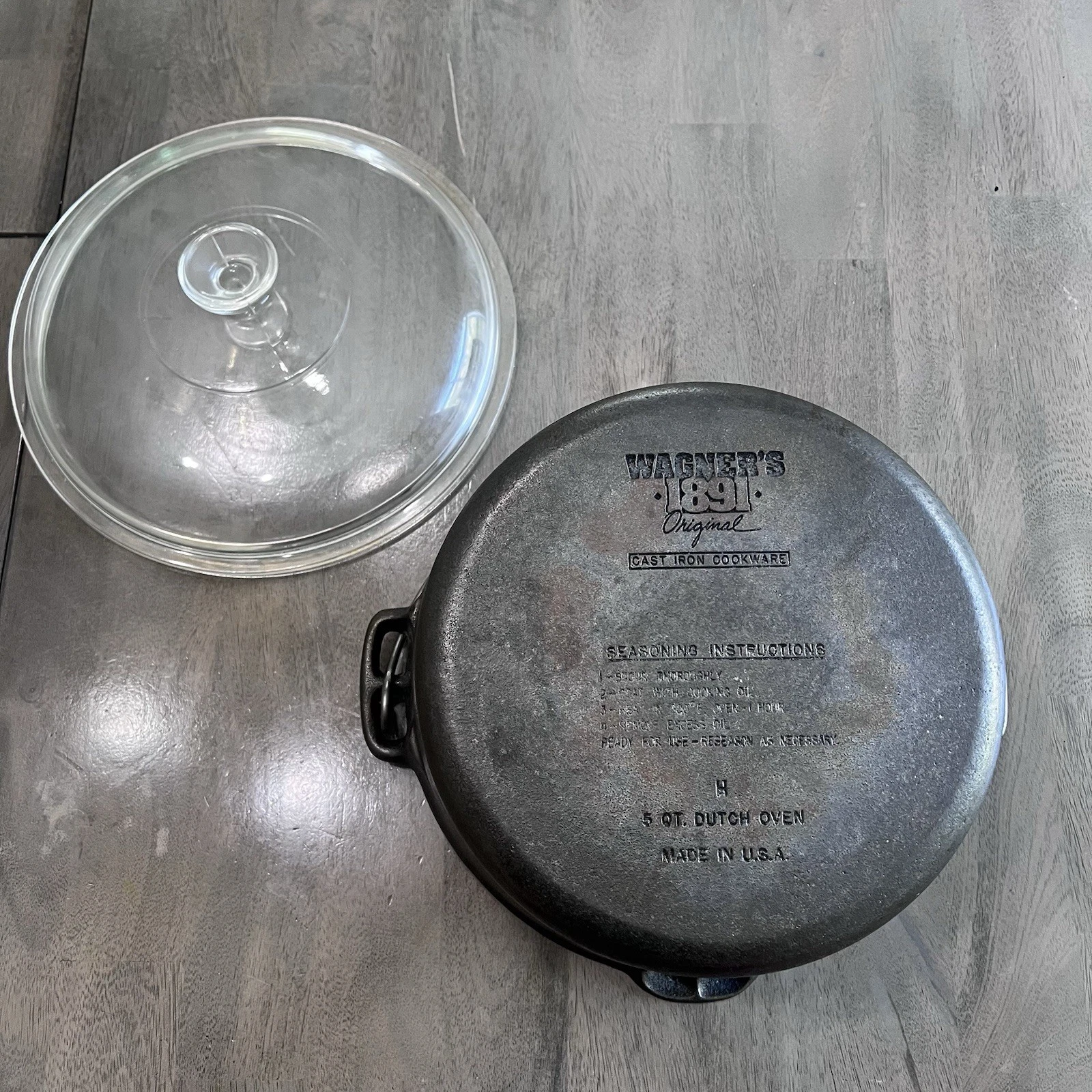 Vintage Wagner 1891 Original Cast Iron 5 Qt Dutch Oven Pot USA Pyrex Glass Lid