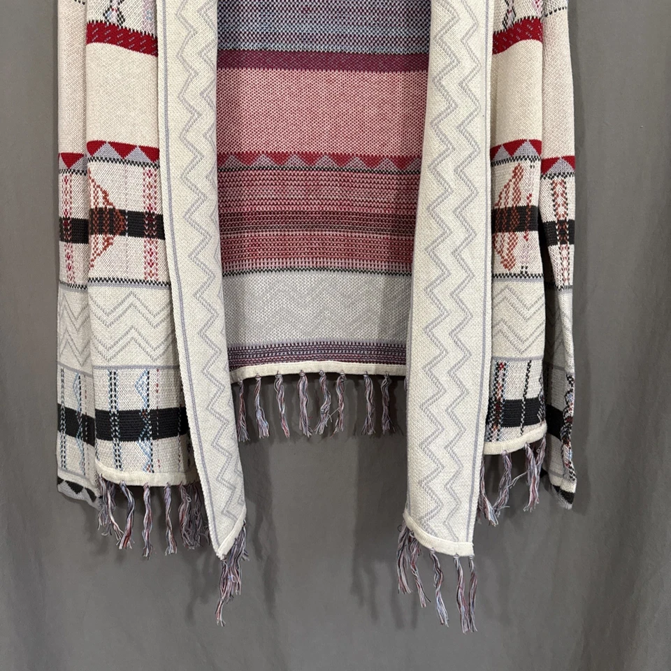 Cardigã Boho Aberto Suéter Franja Bege Asteca Vermelho Cottagecore Feminino Pequeno - Imagem 3 de 4