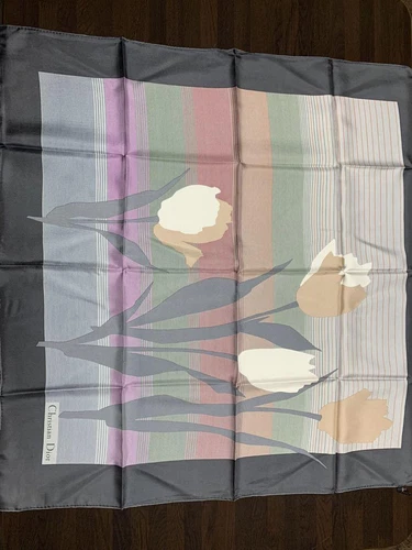 Foulard Christian Dior 78 cm 30" carré soie logo fleur rayure gris