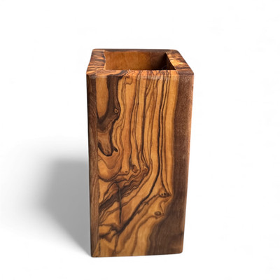 Olive Wood Utensil Holder Square Handcrafted Kitchen Countertop Caddy Crock
