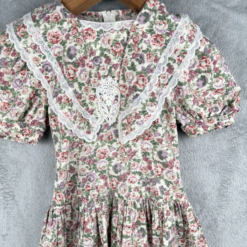 Jessica McClintock Dress Women 8 Roses Lace Trim USA Made Cottage Prairie VTG - Image 3 of 4