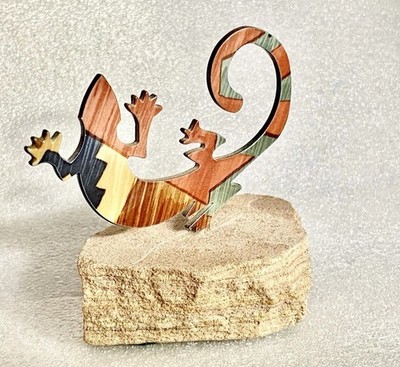 Vintage LazArt Kokopelli Gecko Lizard Metal & Stone 3  Art Sculpture
