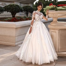 Pleasant High Neck Wedding Dresses Bridal Long Sleeves Buttons A-LINE Appliques