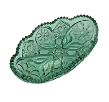 Green Cut Glass Oblong Vegetable/Relish Dish with Saw Tooth Rim 8 x 4.75 Vintage