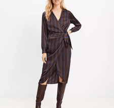 LOFT Brown Satin Striped Wrap Midi Dress w/ Waist Tie, Collared, Size M