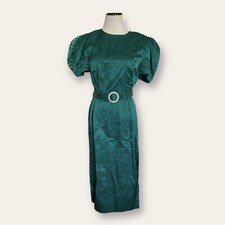 AKIRA vintage Emerald Green Satin Sheath Dress Belt Rhinestone size 10 USA