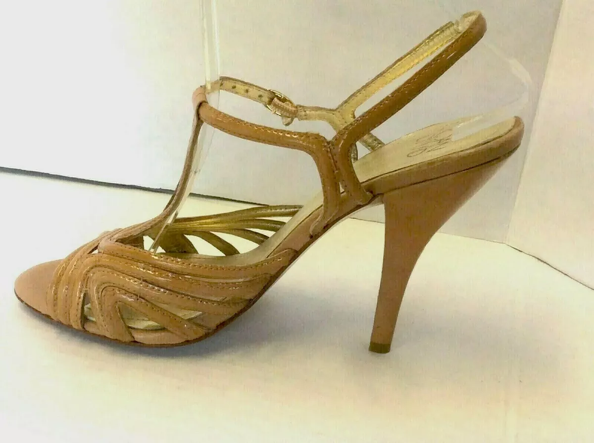 Joan David Patent Tan Slingback T Strap Peep Toes Sandals Heels Shoes Size 8.5 M