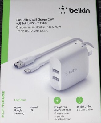 Belkin Boost Charge Dual USB-A Wall Charger 24W Power Adapter USB-A- USB-C Cord