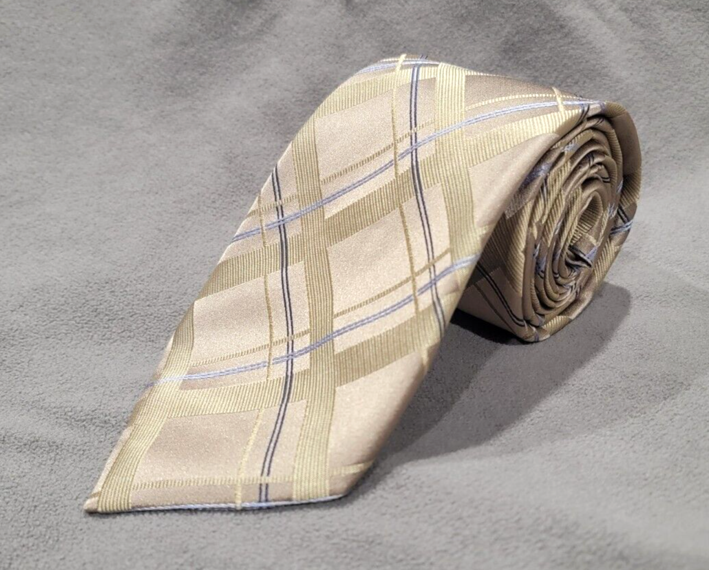 Donald J Trump Gold Blue Striped Plaid Tie 100% Silk 60