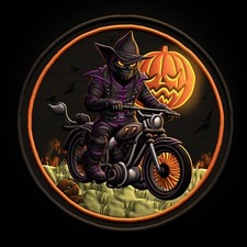 Halloween Patch Iron-on Applique Cat on Motorcycle Pumpkin Spooky Decorative