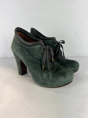 Chie Mihara Ankle Booties Womens 38.5 Green Olga Tie Suede Leather High Heel 4" - Picture 15 of 15