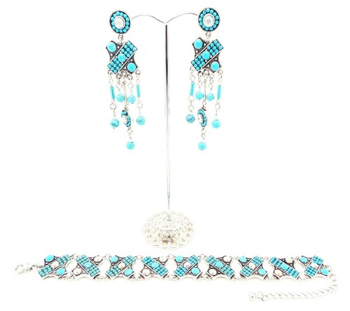 DESIGNER BLUE FAUX TURQUOISE CRYSTAL 6.5 in to 8.5 in BRACELET 2.75 in EARRINGS - Picture 8 of 8