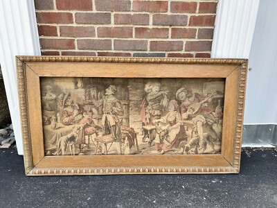 Large wood Framed ANTIQUE TAPESTRY IN WOODEN FRAME RENAISSANCE Tavern SCENE