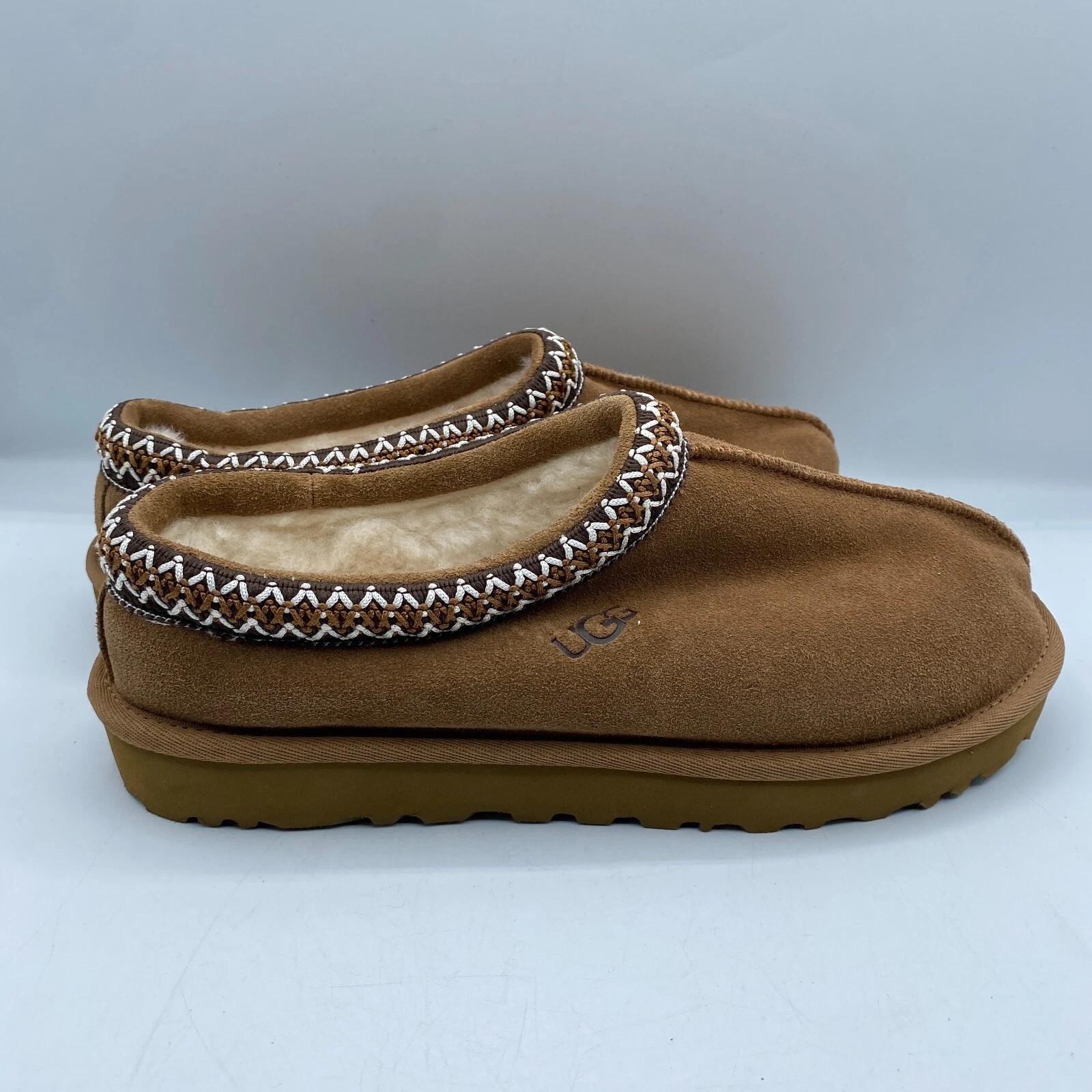 UGG Tasman ciabatta pelle di pecora castagna donna 10 EU 41 slip on logo boho nuova senza scatola