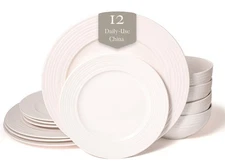New Bone China 12 Piece Dinnerware Set, Santorini Collection (Wave), White, D...