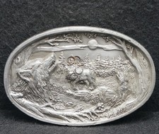 WK23144 AWESOME VINTAGE 1970s  WOLVES IN NATURE  WILDLIFE ARTWORK BELT BUCKLE