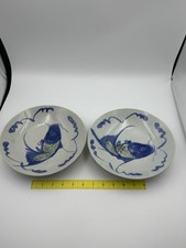 Pair Japanese Blue & White Fish Bowls – Hand Painted Mingei Pottery 9”