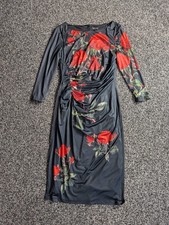 Phase Eight Veronica Dress Size 10 Black Red Rose Floral Print Ruched Panel Midi