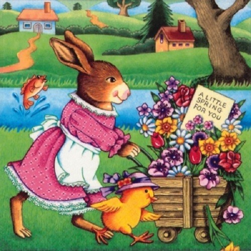 4 x Paper Napkins/3Ply/33cm/Decoupage/Easter/Mother Rabbit with Flower Cart