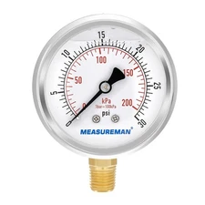 MEASUREMAN 2-1/2inch Dial Size, Oil Filled Pressure Gauge, 0-30 psi 