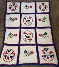 Afghan Crochet Throw Blanket Embroidered Folk Art Pennsylvania Dutch 54x71”
