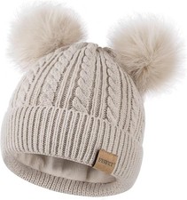 Beanies Women with Double Pom Pom, Winter Hats for Cold Weather Oatmeal