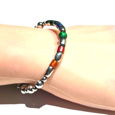 925 Italy Sterling Silver Beaded Cuff Bracelet Multicolor Accents Vintage